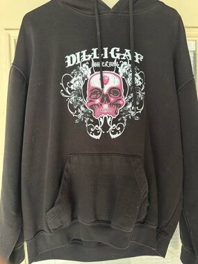 Dilligaf Black Pullover Hoodie with Pink Skull Graphic